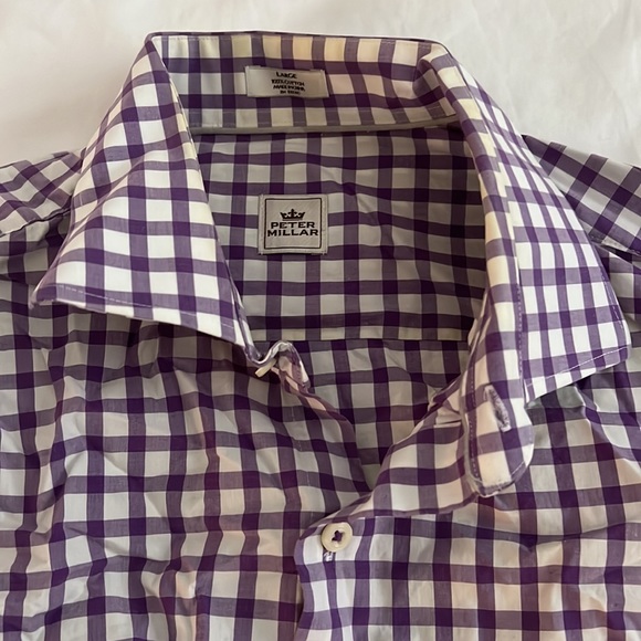 Peter Millar Mens Button Shirt Large Purple White Plaid Check - Picture 3 of 4
